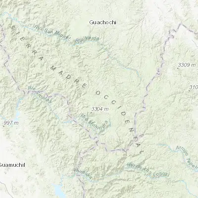 Map showing location of Guadalupe y Calvo (26.091170, -106.962600)